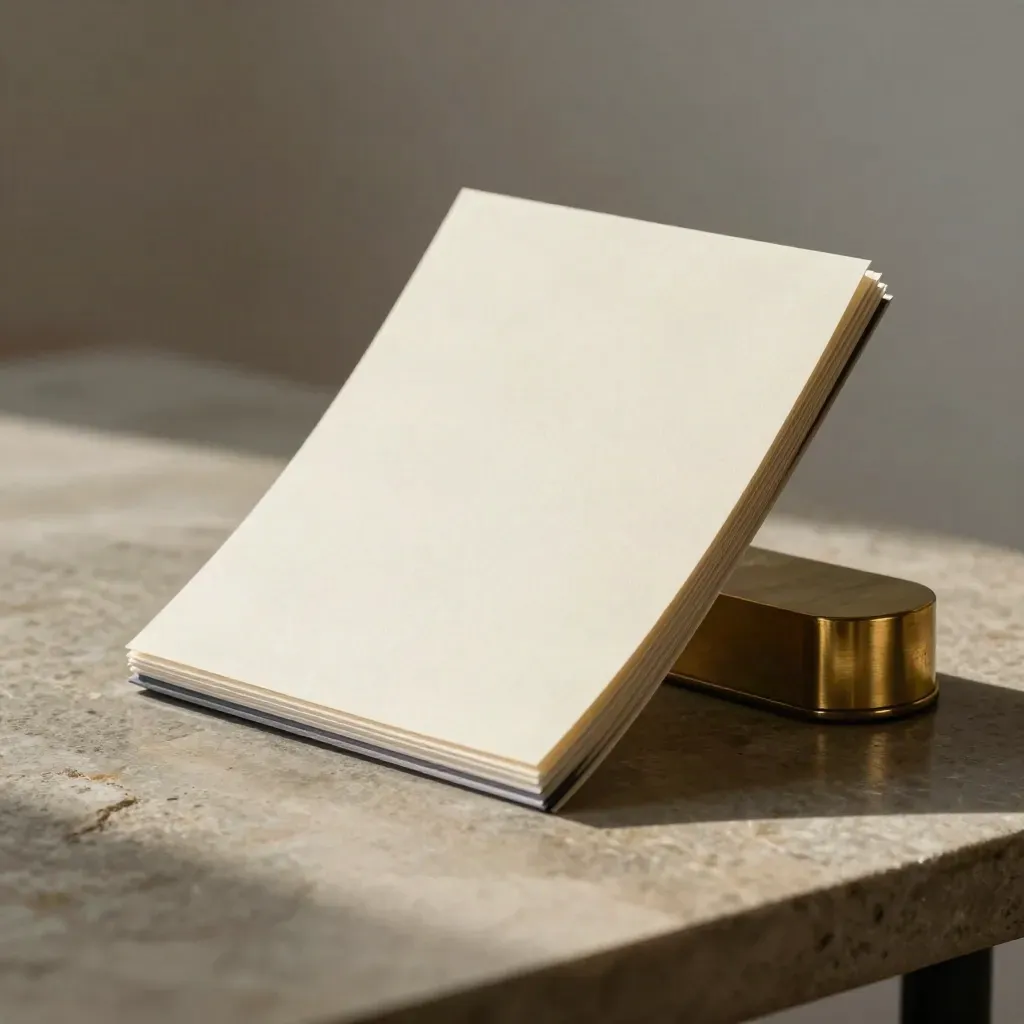 Cream audit cards with charcoal tabs and a brass paperweight on stone.