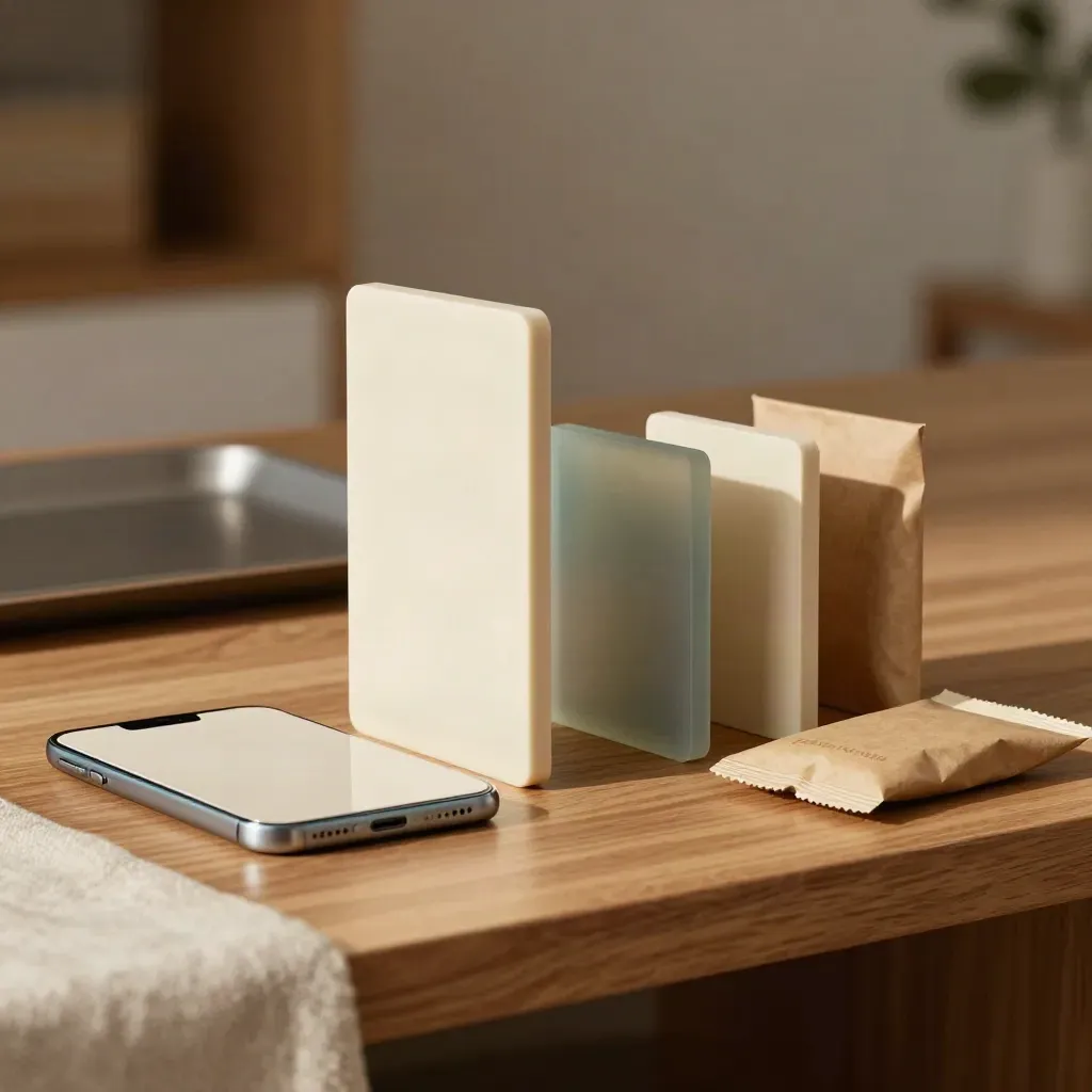 PPC ad creative tiles, a lead form block, and a sealed packet on a warm oak shelf.