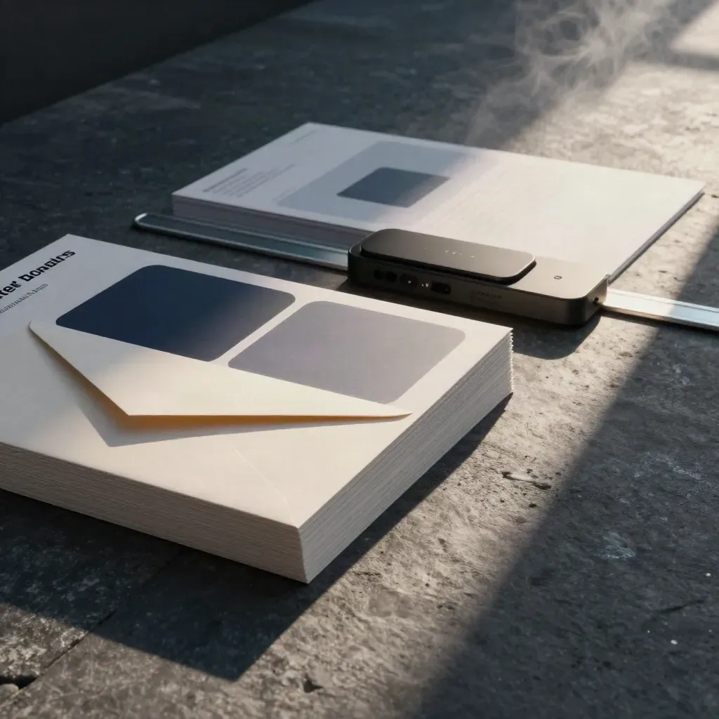 Moody demand-gen workspace with landing page panels, ad cards, envelopes, and a tracking hub.