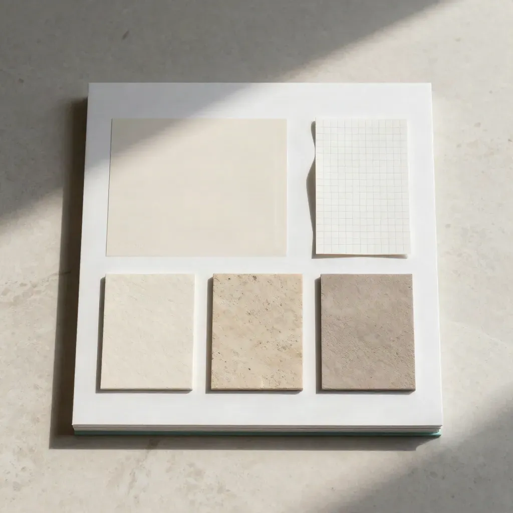 Top-down landing-page mockup with paper swatches and a die-cut CTA panel on travertine.