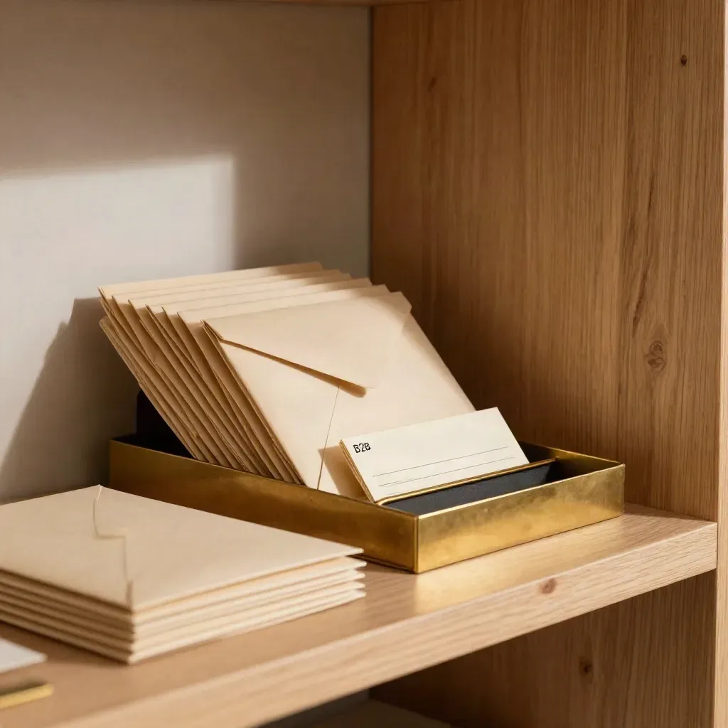 Matte envelopes and reply cards in a brass inbox tray on a pale wood shelf, lit by warm window light.