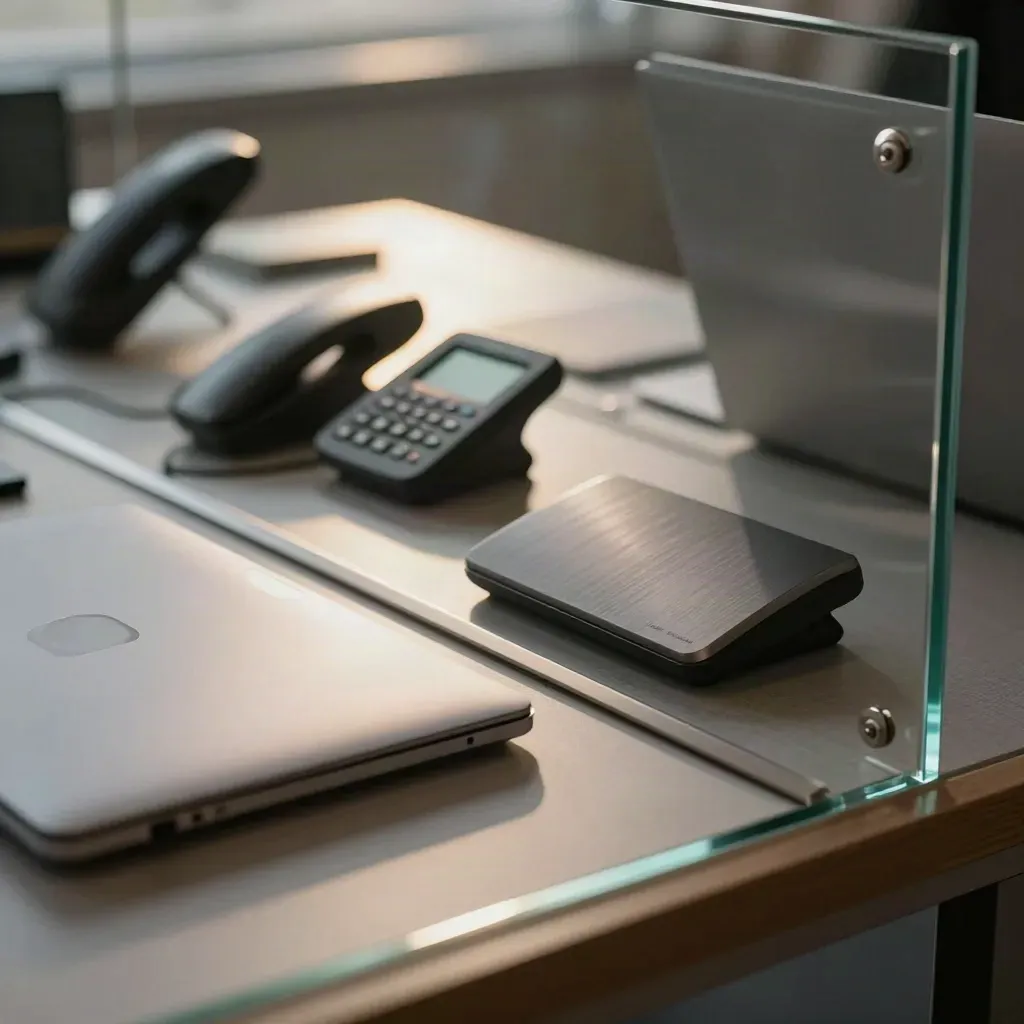 Quiet demo pod close-up with laptops, conference phones, and glowing indicators.
