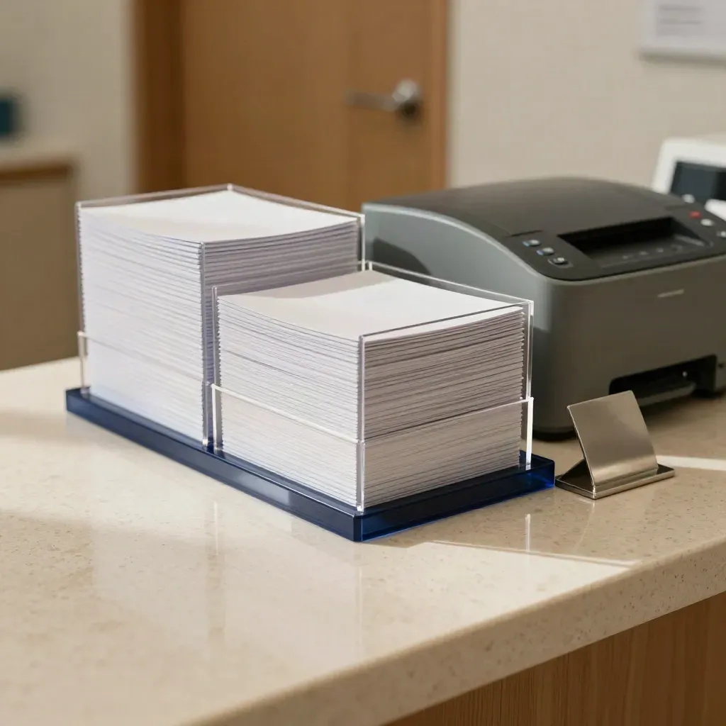 Bright clinic reception counter with trays, acrylic holders, and a printer in warm daylight.