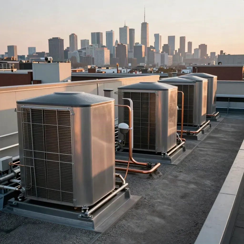 Toronto rooftop HVAC condenser bank at dawn, skyline high, cool haze, diagonal roof plane.