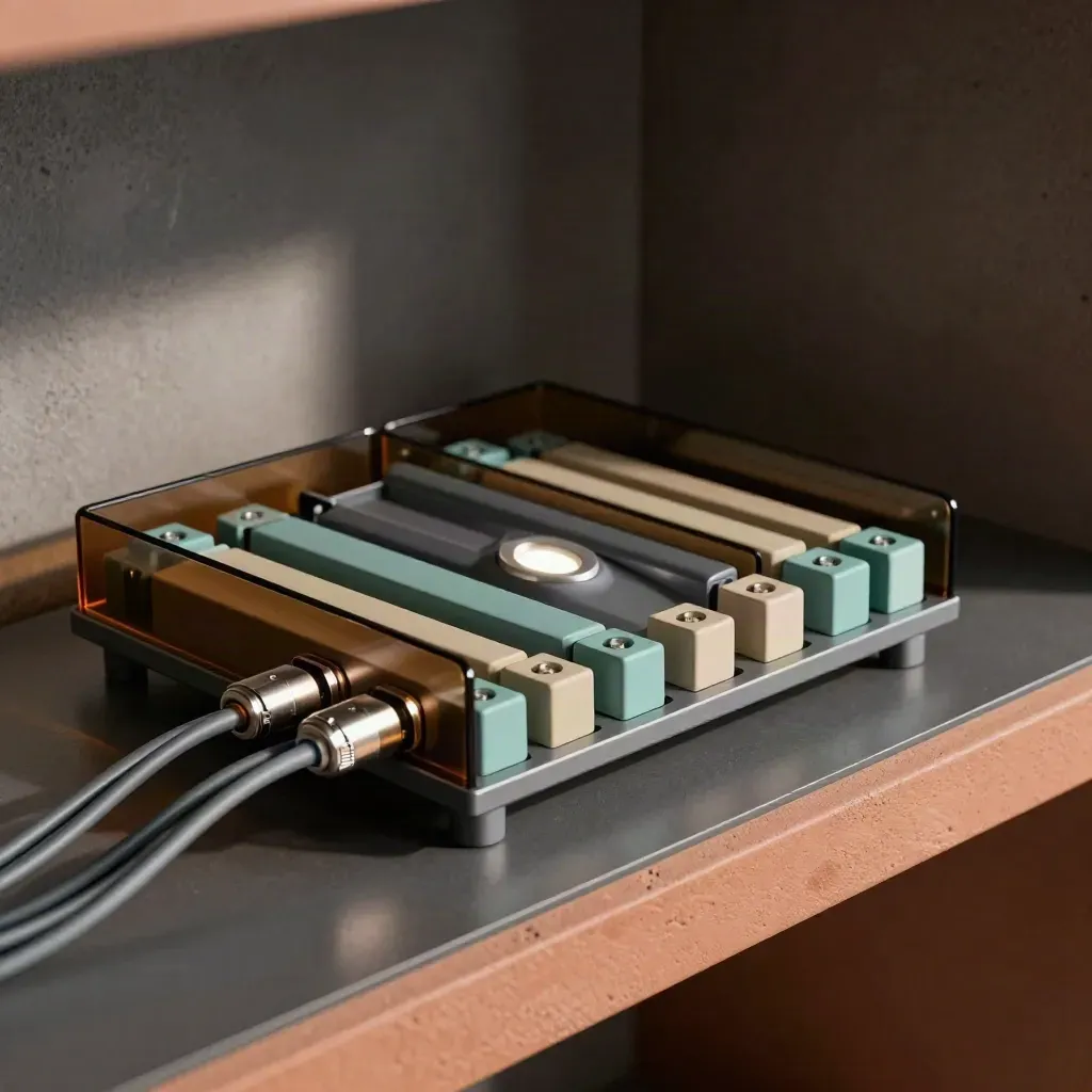 Modular CRM tray with connector tabs, hub light, and looped cables on a dark systems shelf.