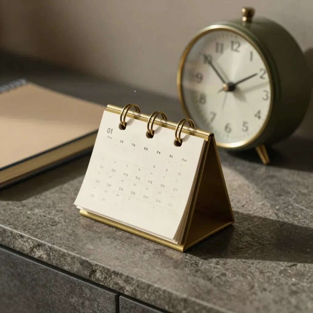 Brass calendar block and desk clock beside a notebook spine under raking light.