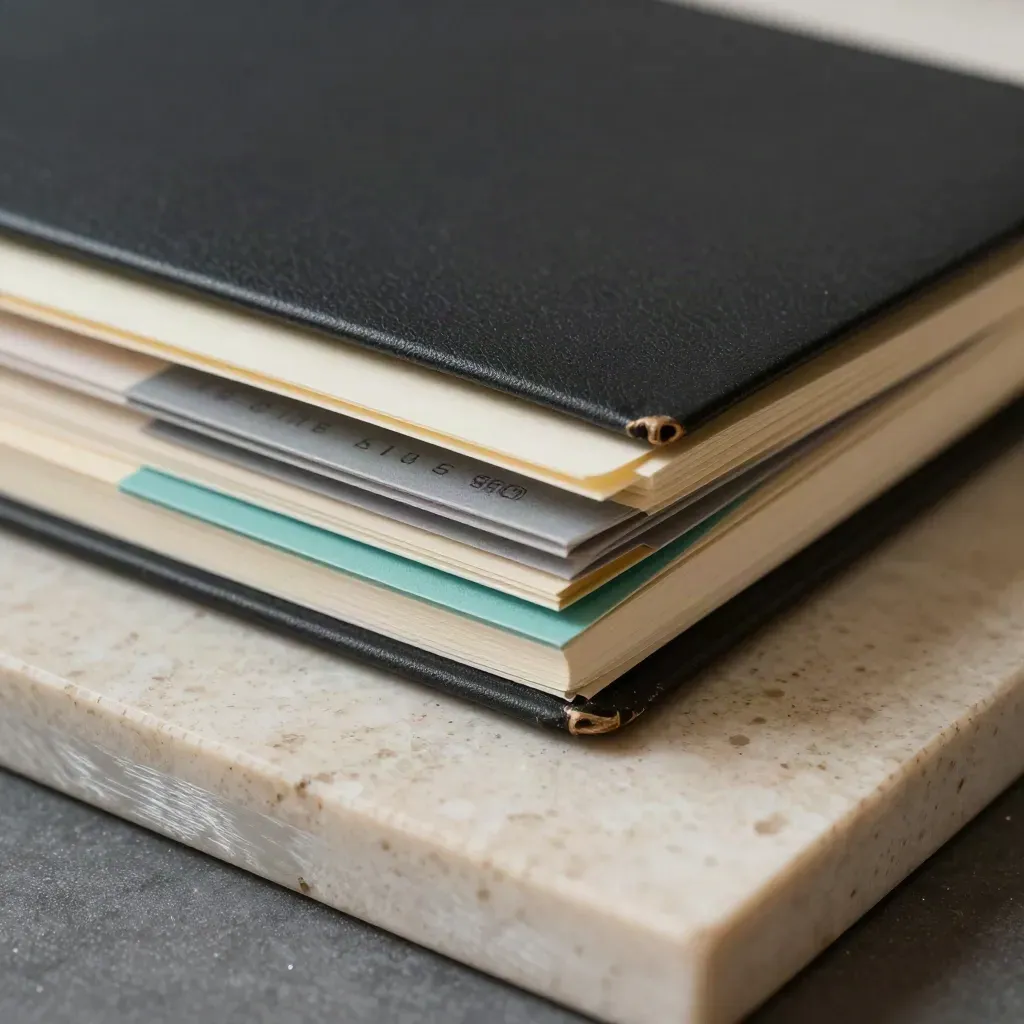 Macro of a black audit notebook and layered SEO tabs on travertine stone.