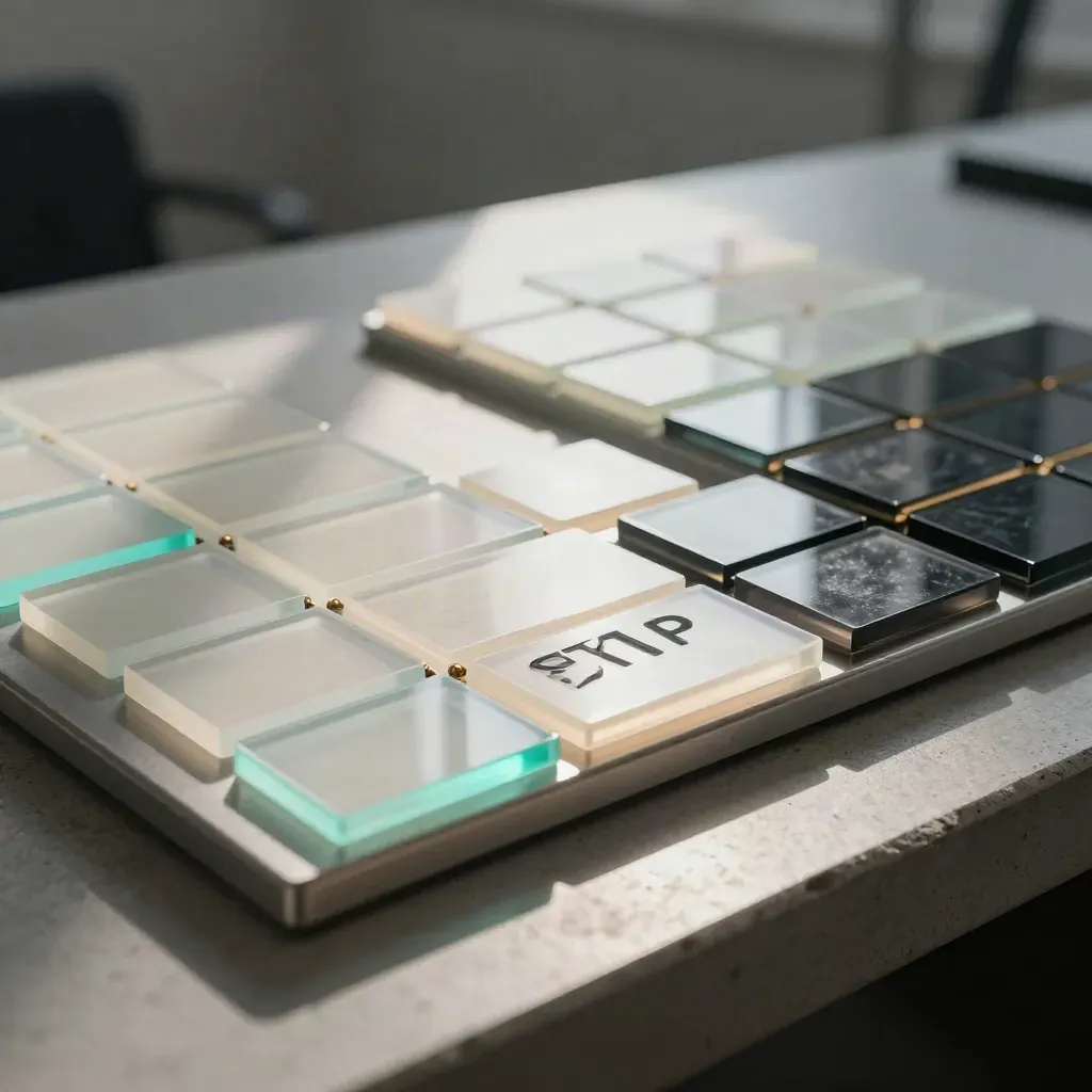 Close macro of lit and dimmed campaign tiles split into keep and stop stacks on brushed steel.