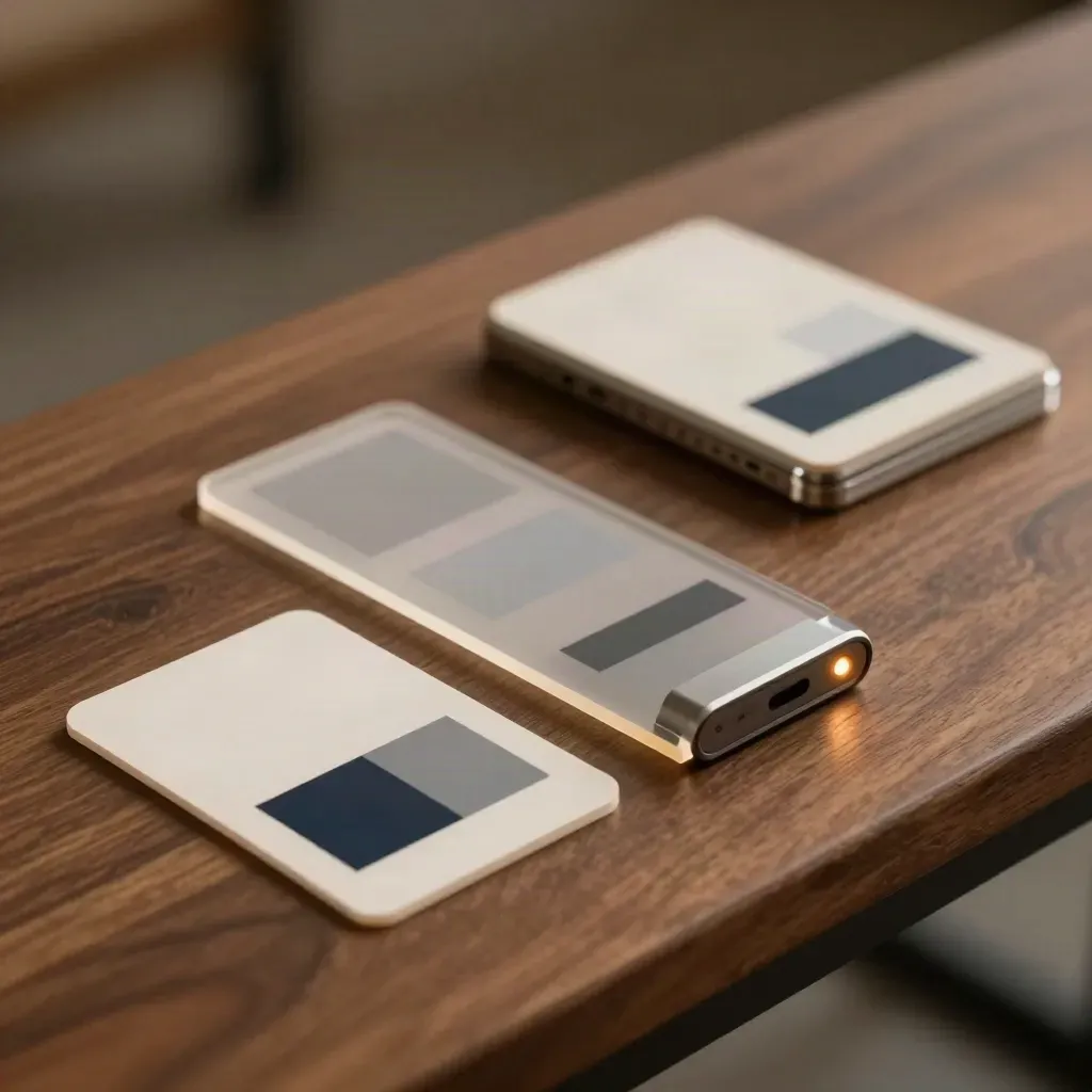Split-test ad chips and a phone-form lead block on a walnut bench in dramatic low light.