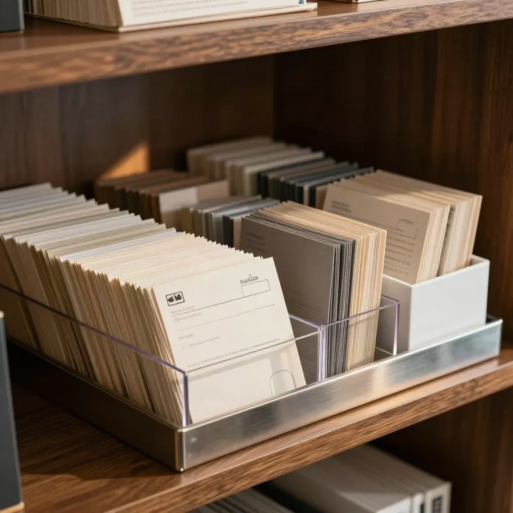 Shelf tray of proposal folders, reply cards, and booking blocks in a modern agency back room