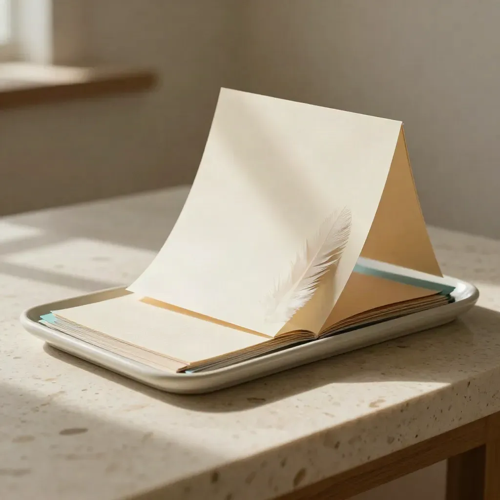 Cream cardstock swatches and page samples in a ceramic tray on travertine.