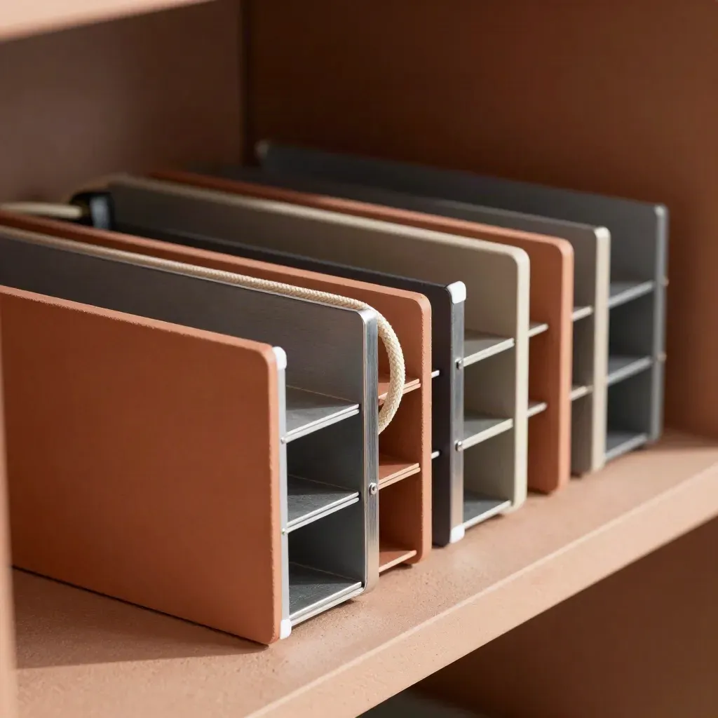 Macro of modular file trays, connector tabs and cable sleeves on a clay-plaster shelf.