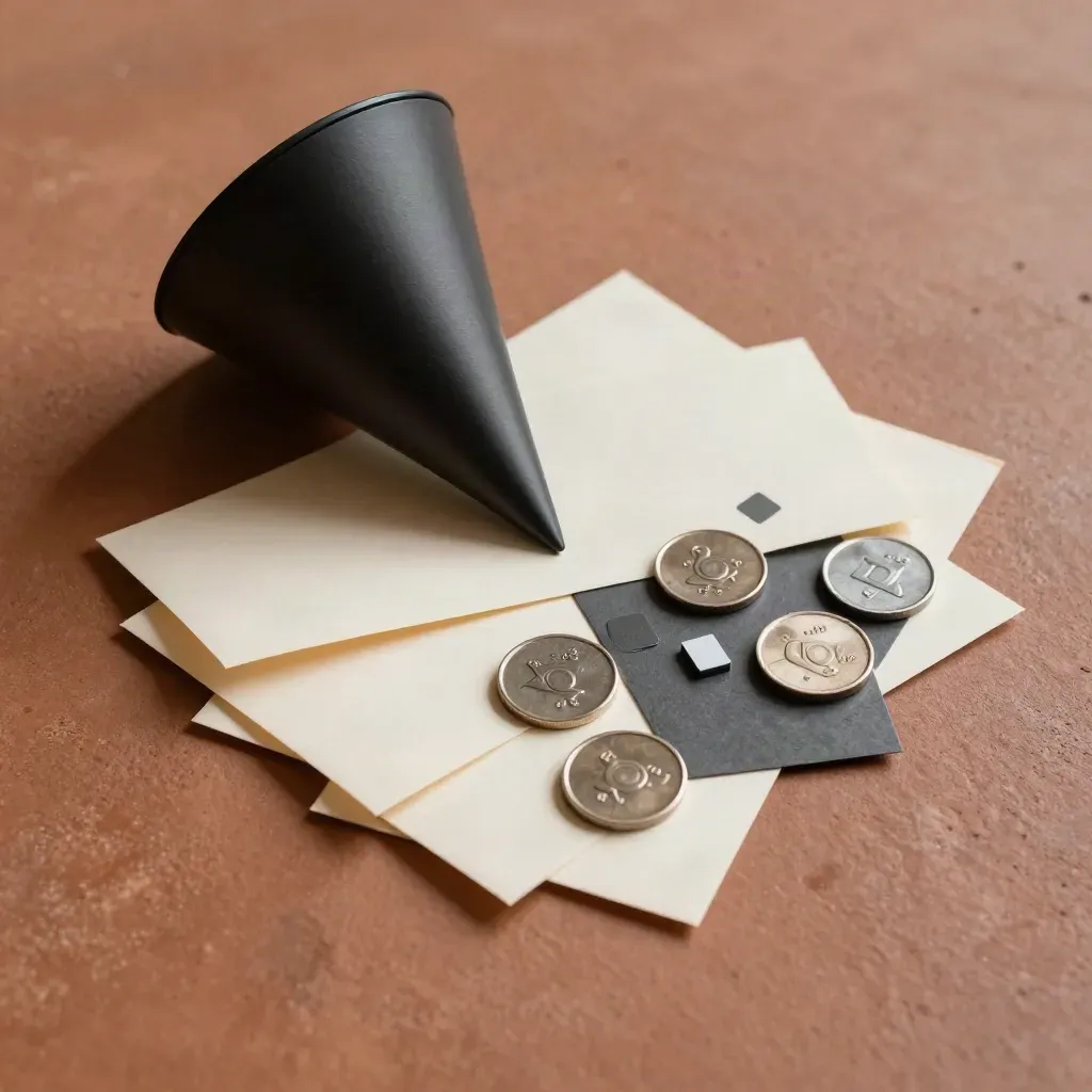 Overhead flatlay of a black funnel paperweight with page tabs and audit tokens on terracotta concrete.