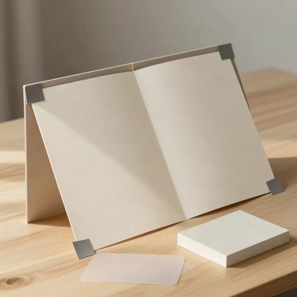 Fold-out page panel on warm wood with slate tabs and neutral mockup cards