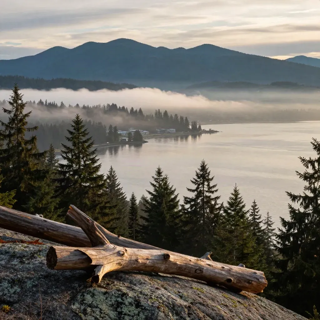 Foggy Metro Vancouver ridge over Burrard Inlet and quiet waterfront at dawn