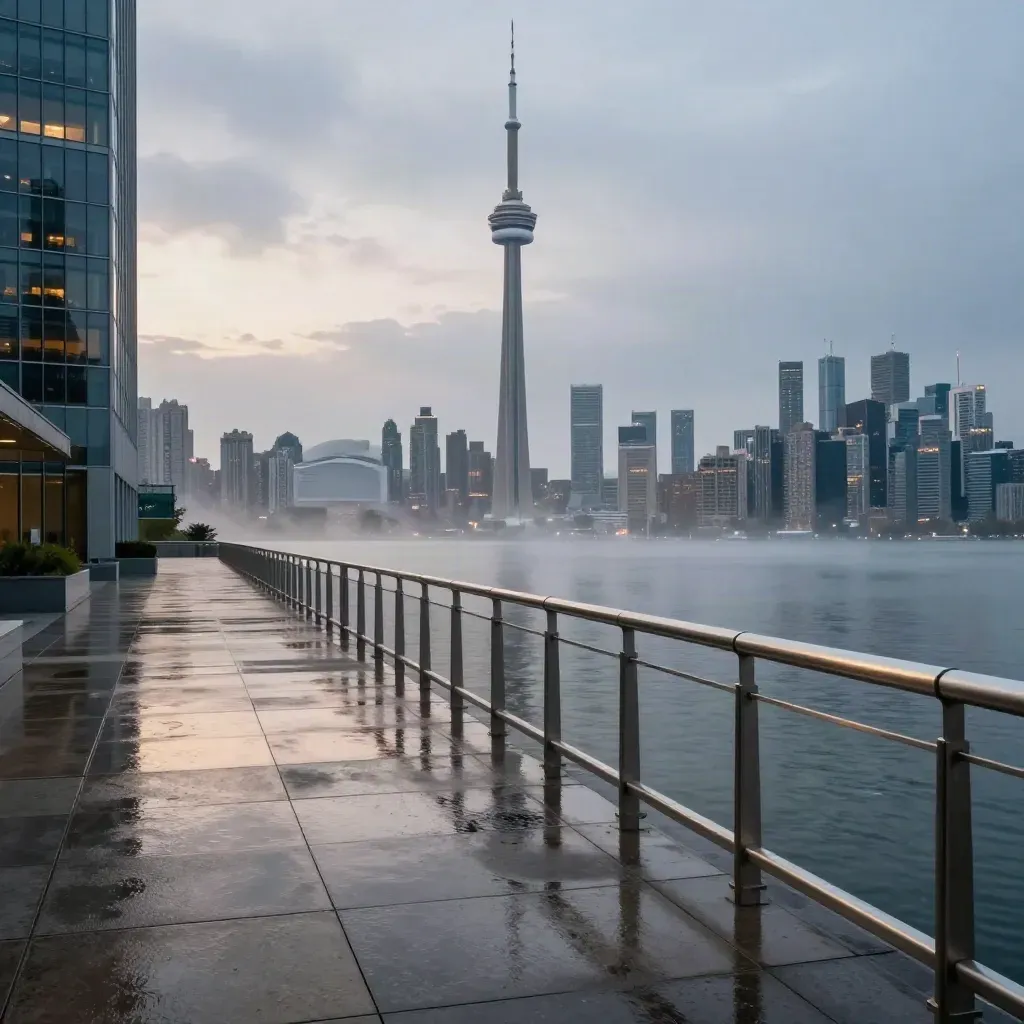 Toronto skyline with CN Tower above misty lakefront at blue hour after rain