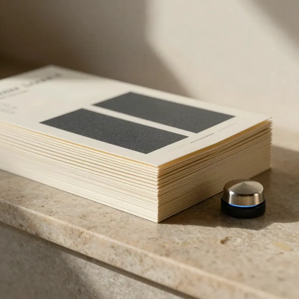 Cream mailers, slate ad tiles, and a glowing status puck on a stone ledge