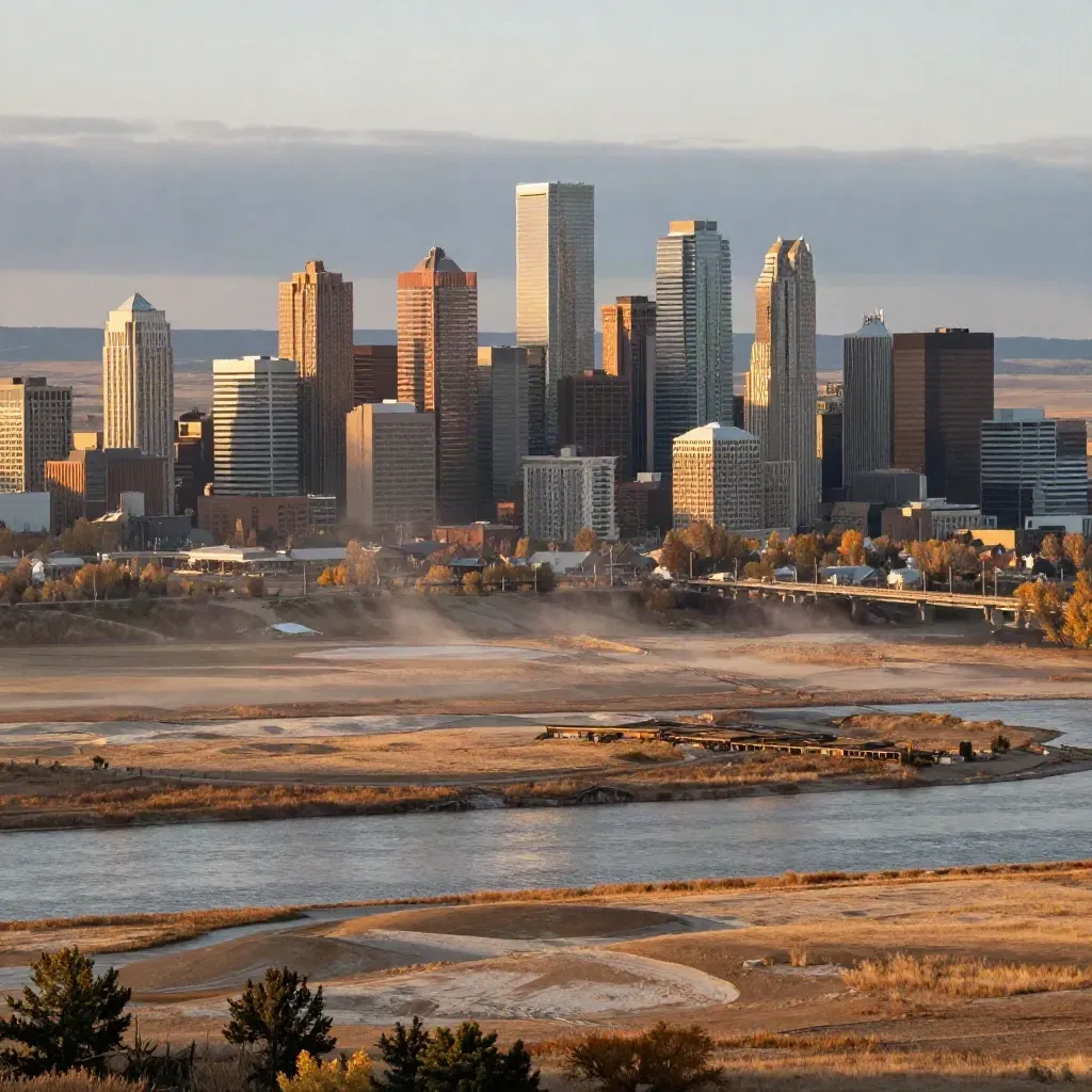 Alberta skyline and river valley at golden hour from a high overlook, warm haze and open prairie.