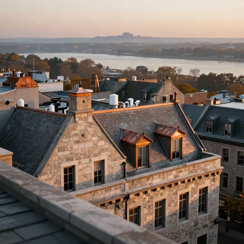 Old Montreal rooftops at dusk with copper roofs, haze, and Mount Royal in the distance.